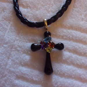 CROSS 14 Kt GOLD Black Onyx N Gemstone Cross Enhancer W/Braided Leather Choker !